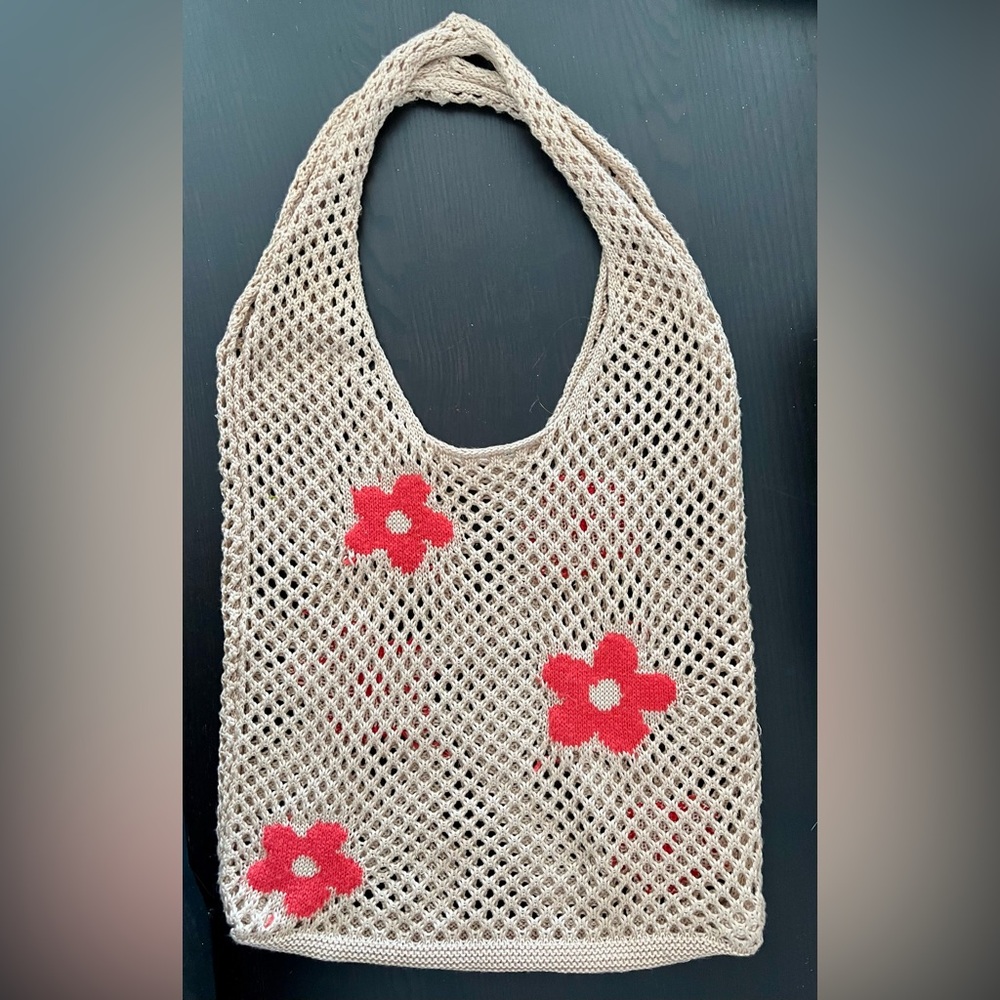 Handcrafted Beige Tote Bag with Red Floral Accents